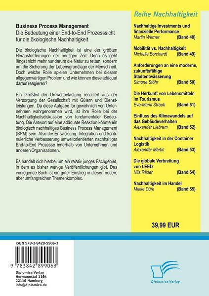 Produktbild: Business Process Management: Die Bedeutung einer End-to-End Prozesssicht f&uuml;r die &ouml;kologische Nachhaltigkeit