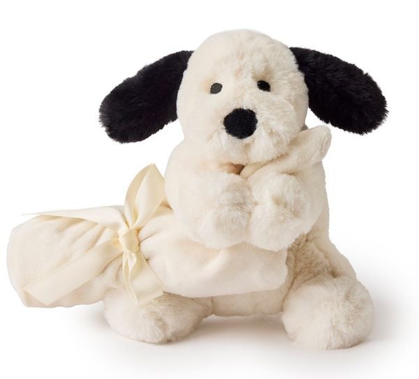 Teddy Hermann 94000 - Hund mit Schnuffeltuch, weiß-schwarz, Plüsch, 17 cm
