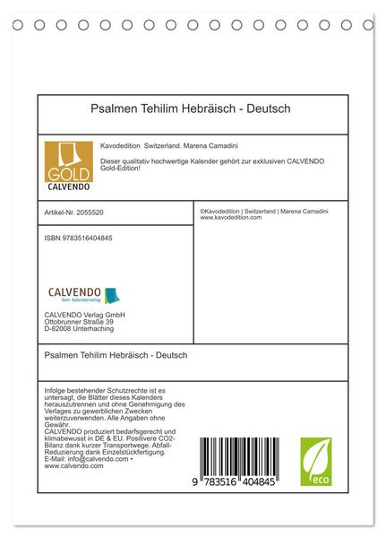 Produktbild: Psalmen Tehilim Hebr&auml;isch - Deutsch (Tischkalender 2026 DIN A5 hoch), CALVENDO Monatskalender