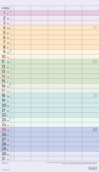 Produktbild: Superplaner Farbenfroh 2026 - 5 Spalten - Familienkalender 26x45 cm - Offset-Papier - mit Ferienterminen - Wandkalender - Wandplaner