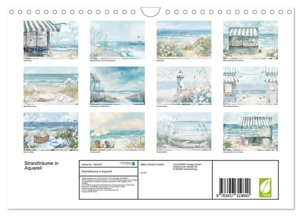 Produktbild: Strandtr&auml;ume in Aquarell (Wandkalender 2026 DIN A4 quer), CALVENDO Monatskalender