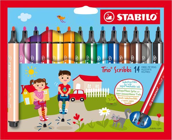 Gefederter Dreikant-Filzstift - STABILO Trio Scribbi - 14er Pack - mit 14 verschiedenen Farben