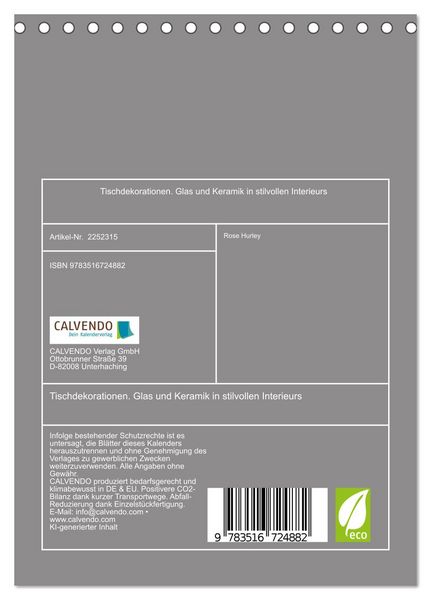 Produktbild: Tischdekorationen. Glas und Keramik in stilvollen Interieurs (Tischkalender 2026 DIN A5 hoch), CALVENDO Monatskalender