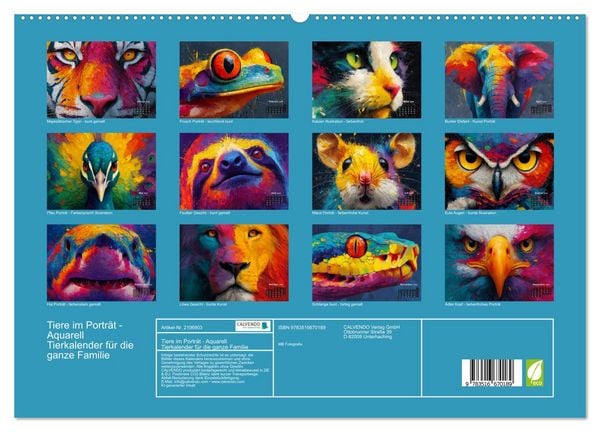 Produktbild: Tiere im Portr&auml;t - Aquarell Tierkalender f&uuml;r die ganze Familie (hochwertiger Premium Wandkalender 2026 DIN A2 quer), Kunstdruck in Hochglanz