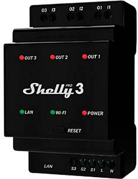 Produktbild: Shelly Pro 3 Hutschienenrelais Wi-Fi, Bluetooth