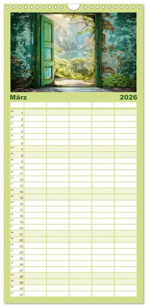 Produktbild: Familienplaner 2026 - T&uuml;ren, die Geschichten erz&auml;hlen mit 5 Spalten (Wandkalender, 21 x 45 cm) CALVENDO