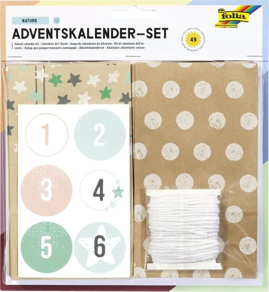 Folia Adventskalender-Set NATURE, aus 24 lebensmittelechten Tüten, Kordel & Sticker