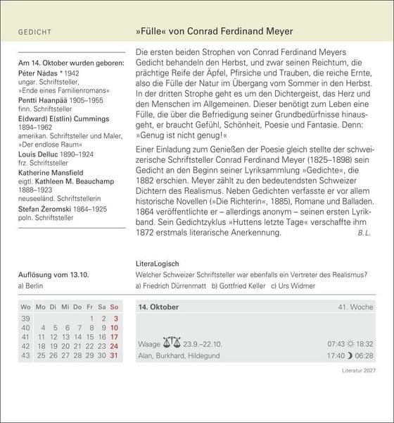 Produktbild: Literatur Tagesabrei&szlig;kalender 2027 - Kulturkalender - Autoren, Werke, H&ouml;rb&uuml;cher