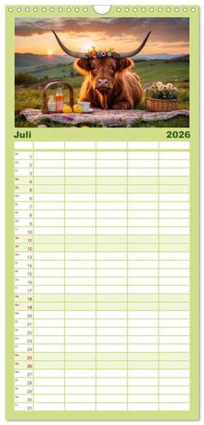 Produktbild: Familienplaner 2026 - Highland K&uuml;he mit 5 Spalten (Wandkalender, 21 x 45 cm) CALVENDO