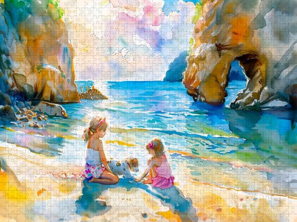 Produktbild: CALVENDO Puzzle Zwei M&auml;dchen mit Hund am Felsentor | 1000 Teile Lege-Gr&ouml;&szlig;e 64x48cm Foto-Puzzle f&uuml;r gl&uuml;ckliche Stunden