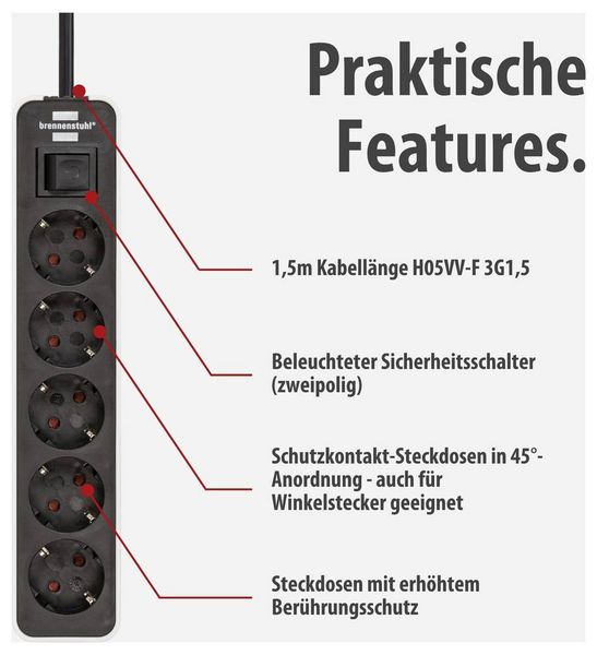 Produktbild: Brennenstuhl 1153250020 Steckdosenleiste mit Schalter 5fach Wei&szlig;, Schwarz Schutzkontakt 1 St.