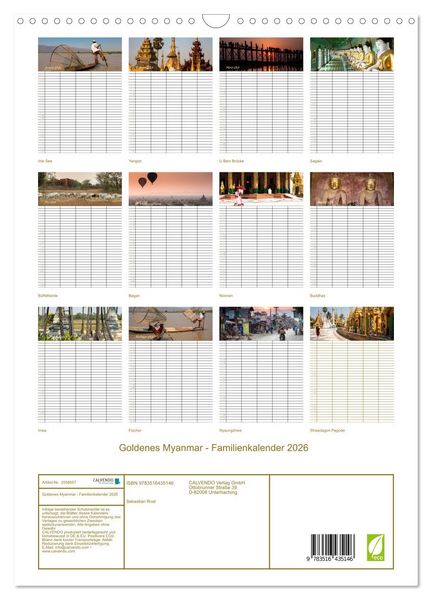 Produktbild: Goldenes Myanmar - Familienkalender 2026 (Wandkalender 2026 DIN A3 hoch), CALVENDO Monatskalender