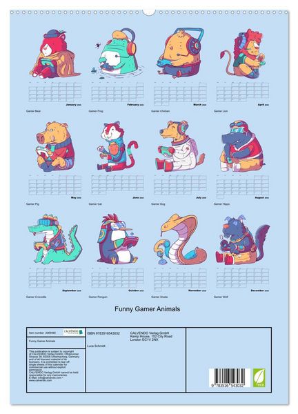 Produktbild: Funny Gamer Animals (High Quality Premium Wall Calendar 2026 DIN A2 portrait),CALVENDO 12 Month Wall Calendar