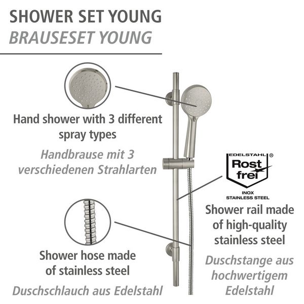 Produktbild: Brauseset Mod. Young Edelstahl geb&uuml;rstet, L&auml;nge Stange: 66 cm