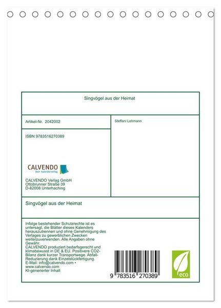 Produktbild: Singv&ouml;gel aus der Heimat (Tischkalender 2026 DIN A5 hoch), CALVENDO Monatskalender