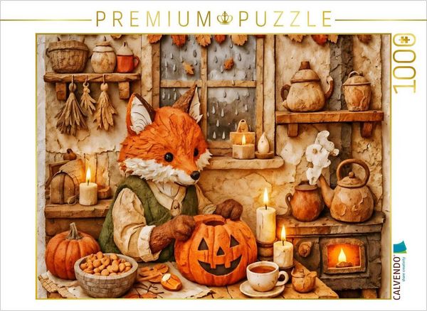 CALVENDO Puzzle Tee, Kerzen und Kürbiszeit - Fuchs mit Kürbis | 1000 Teile Lege-Größe 64x48cm Foto-Puzzle für glückliche Stunden