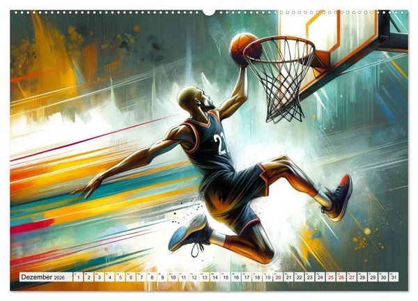 Produktbild: Basketball Expressionismus - Kunstvolle KI Interpretationen des Courts (Wandkalender 2026 DIN A2 quer), CALVENDO Monatskalender