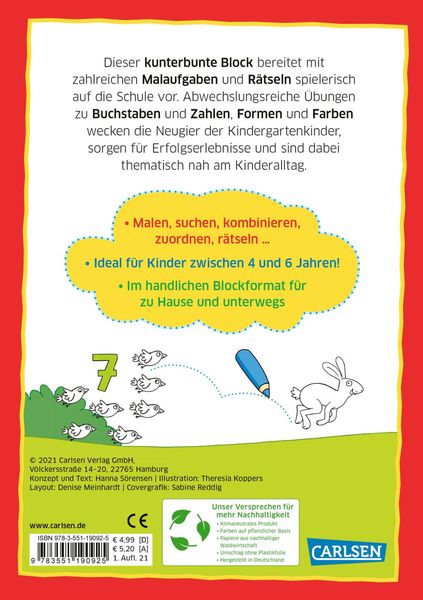 Produktbild: R&auml;tseln f&uuml;r Kita-Kinder: Mein bunter Kindergarten-Block: Malspiele und R&auml;tsel