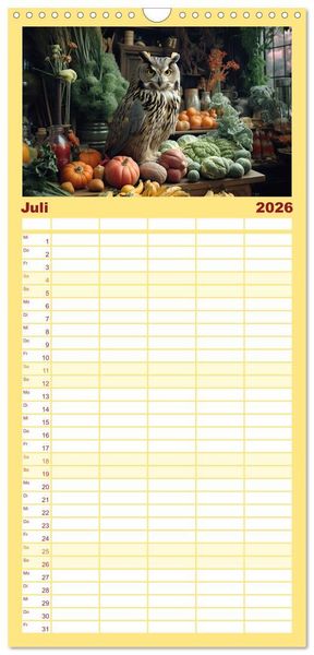 Produktbild: Familienplaner 2026 - Stillleben mit Eule mit 5 Spalten (Wandkalender, 21 x 45 cm) CALVENDO