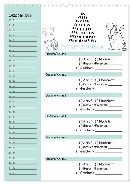 Produktbild: Geburtstagsplaner Doodle Tiere - F&uuml;r Termine, Geschenke, Eventdetails & mehr (Wandkalender 2026 DIN A2 hoch), CALVENDO Monatskalender