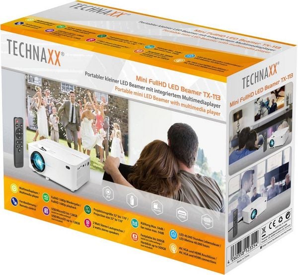 Produktbild: Technaxx Beamer TX-113 LED 1800 ANSI-Lumen 800 x 480 WXGA mit Fernbedienung, VGA Eingang, Integrierter Lautsprecher