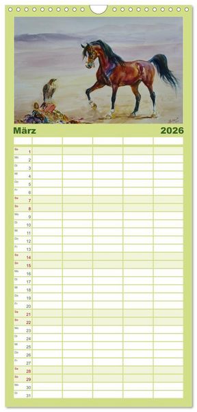 Produktbild: Familienplaner 2026 - Mit Pferden durch die Jahreszeiten - Pferdebilder in &Ouml;l und Aquarell mit 5 Spalten (Wandkalender, 21 x 45 cm) CALVENDO