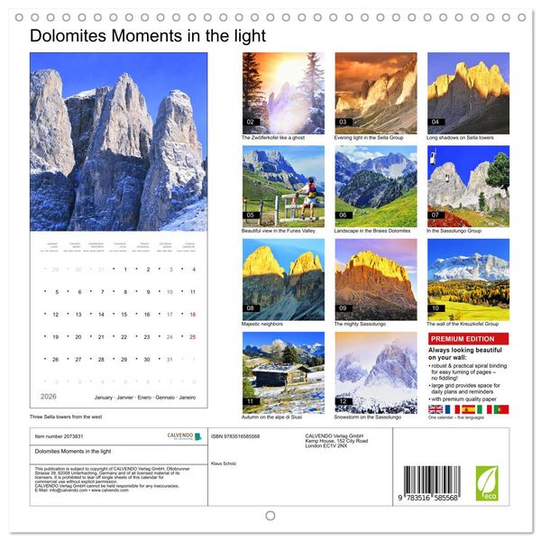 Produktbild: Dolomites Moments in the light (Wall Calendar 2026 12 &times; 12 Inch) CALVENDO 12 Month Wall Calendar