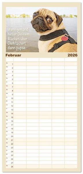 Produktbild: Familienplaner 2026 - Mopsala: Vom Gl&uuml;ck, ein Mops zu sein mit 5 Spalten (Wandkalender, 21 x 45 cm) CALVENDO