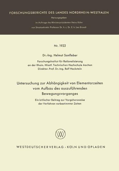 Produktbild: Untersuchung zur Abh&auml;ngigkeit von Elementarzeiten vom Aufbau des auszuf&uuml;hrenden Bewegungsvorganges