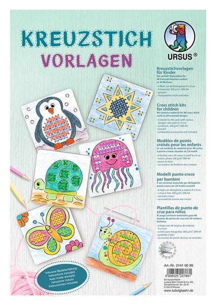 Produktbild: URSUS Sticken Kreuzstich-Vorlagen f&uuml;r Kinder, 8 Blatt Fotokarton A4