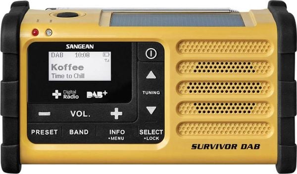 Sangean Survivor DAB Outdoorradio DAB+, UKW Notfallradio Akku-Ladefunktion, Taschenlampe, wiederaufladbar, Handkurbel, S