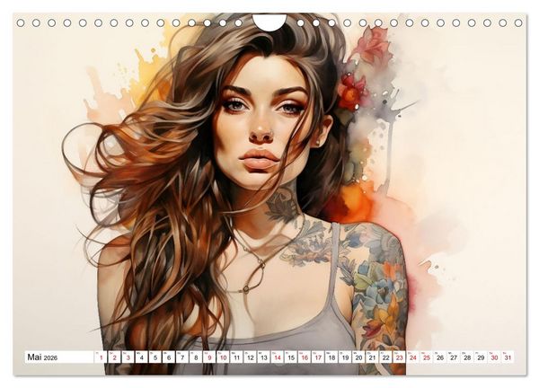 Produktbild: Tattoo trifft Kunst - Starke Tattoos treffen auf sanftes Aquarell (Wandkalender 2026 DIN A4 quer), CALVENDO Monatskalender