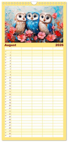 Produktbild: Familienplaner 2026 - Eulen. Entz&uuml;ckende Paintings mit 5 Spalten (Wandkalender, 21 x 45 cm) CALVENDO