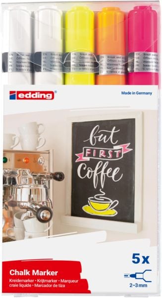 Produktbild: edding Kreidemarker 4095 Rundspitze, wei&szlig;, gelb, orange, pink, 5er Set