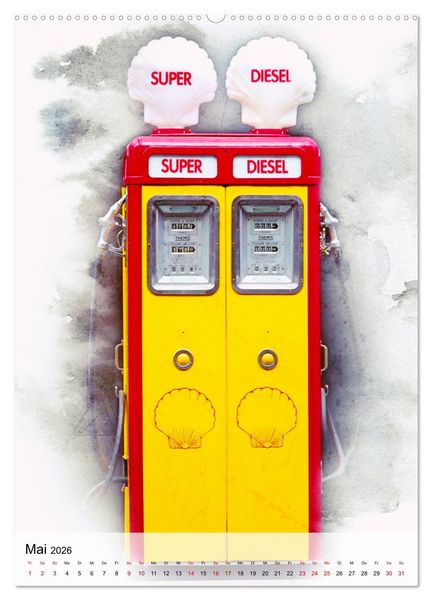 Produktbild: Gasoline - Vintage Tanks&auml;ulen in Szene gesetzt (hochwertiger Premium Wandkalender 2026 DIN A2 hoch), Kunstdruck in Hochglanz