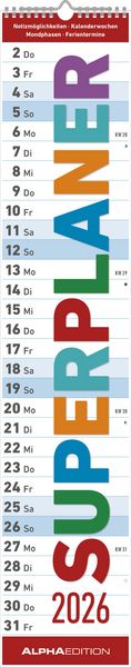 Superplaner 2026 - Streifenkalender 17x85 cm - mit Ringbindung - viel Platz für Notizen - Langplaner - Wandkalender - Küchenkalender - Alpha Edition