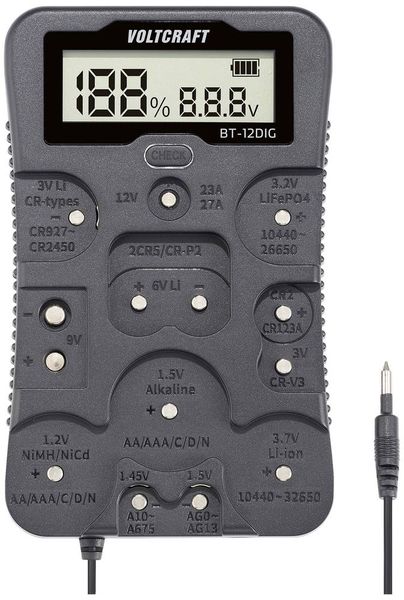 VOLTCRAFT Batterietester BT-12DIG Messbereich (Batterietester) 1,2 V, 1,5 V, 3 V, 3,7 V, 6 V, 9 V, 12 V Batterie, Akku V