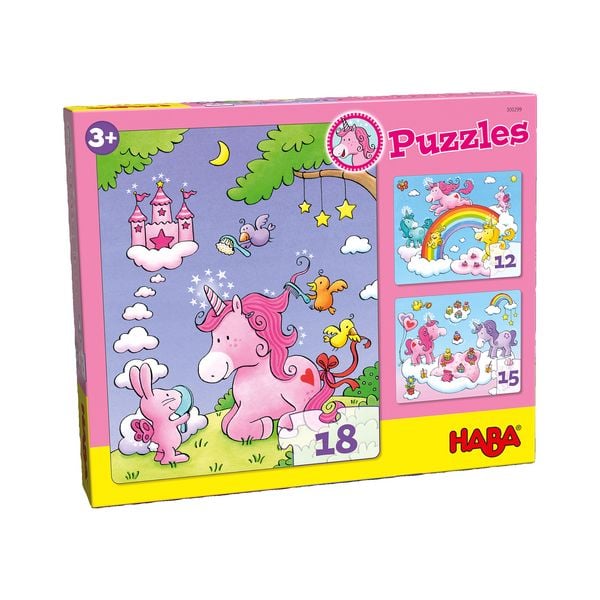 Produktbild: Puzzles Einhorn Glitzergl&uuml;ck. 3 Motive 12, 15, 18 Teile