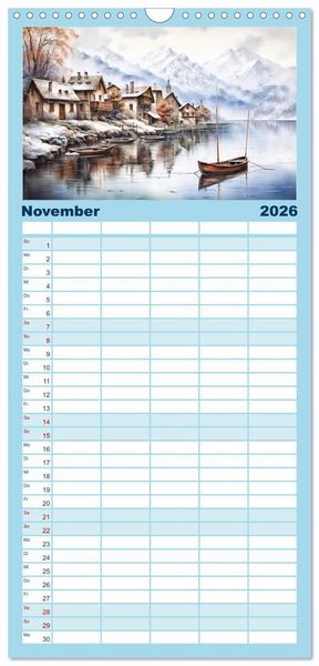 Produktbild: Familienplaner 2026 - S&uuml;dalpines Flair - Seen, Berge und Fantasiest&auml;dte mit 5 Spalten (Wandkalender, 21 x 45 cm) CALVENDO