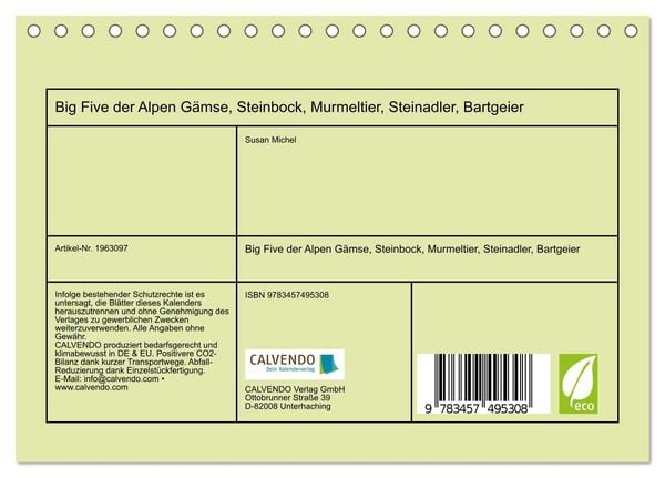 Produktbild: Big Five der Alpen G&auml;mse, Steinbock, Murmeltier, Steinadler, Bartgeier (Tischkalender 2026 DIN A5 quer), CALVENDO Monatskalender