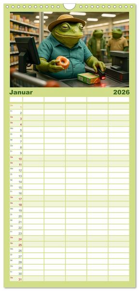 Produktbild: Familienplaner 2026 - Frosch bei der Arbeit- Dienst nach Vorschrift mit 5 Spalten (Wandkalender, 21 x 45 cm) CALVENDO