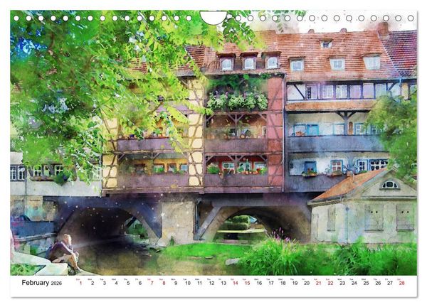 Produktbild: Erfurt - City views in watercolors (Wall Calendar 2026 DIN A4 landscape), CALVENDO 12 Month Wall Calendar