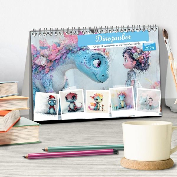 Produktbild: Dinozauber &ndash; Wenn Urzeitbewohner zu Freunden werden (Tischkalender 2026 DIN A5 quer), CALVENDO Monatskalender