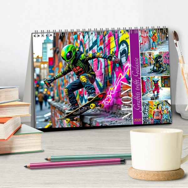 Produktbild: NEONZ - Graffiti trifft Galaxie (Tischkalender 2026 DIN A5 quer), CALVENDO Monatskalender