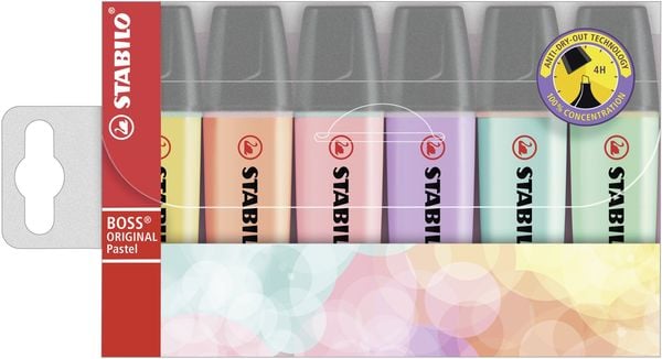 Textmarker - STABILO BOSS ORIGINAL Pastel-6er Pack-pudriges Gelb,cremige Pfirsichfarbe,rosiges Rouge,Schimmer v. Lila,Ha