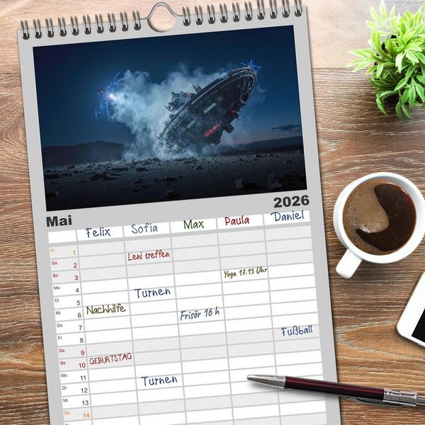 Produktbild: Familienplaner 2026 - Fliegende Untertasse - Die gro&szlig;e Fantasiereise mit 5 Spalten (Wandkalender, 21 x 45 cm) CALVENDO