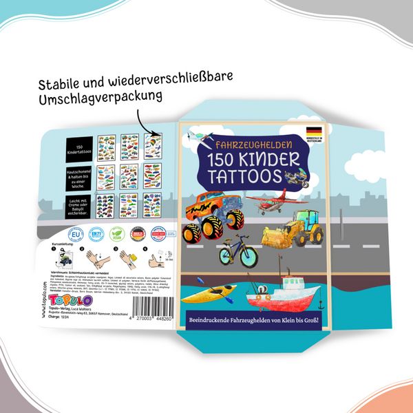Produktbild: 150 hautfreundliche Kindertattoos &ndash; Thema: Fahrzeughelden