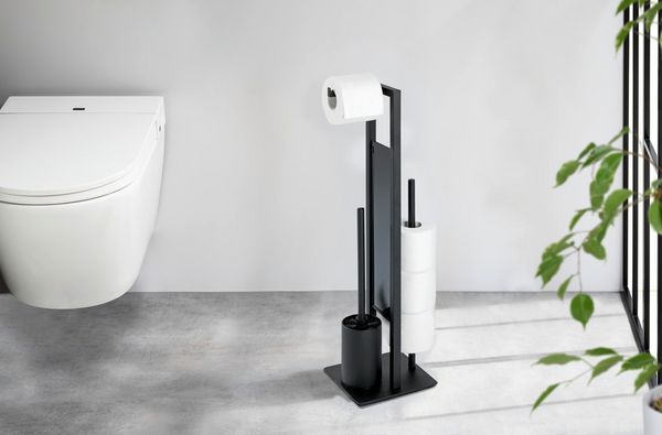Produktbild: Stand WC-Garnitur Mod. Rivalta Schwarz matt, integrierter Toilettenpapierhalter und WC-B&uuml;rstenhalter