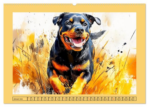 Produktbild: Kraftvolle Rottweiler. Stattliche Begleithunde im Aquarell-Stil (hochwertiger Premium Wandkalender 2026 DIN A2 quer), Kunstdruck in Hochglanz