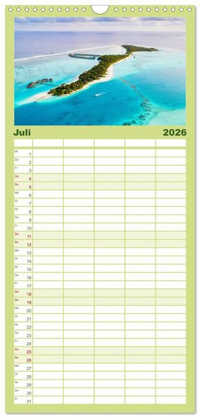 Produktbild: Familienplaner 2026 - In Gedanken auf den Seychellen mit 5 Spalten (Wandkalender, 21 x 45 cm) CALVENDO